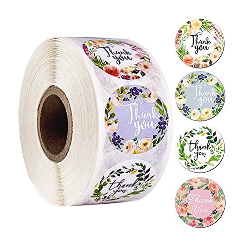 1 Rollo 500 Piezas Thank You Pegatinas, 4 Estilos Diferentes, Redondas Gracias Pegatinas Etiquetas Adhesivas, para Decoración de Regalos Hechos a Mano, Decoración del Sello del Sobre