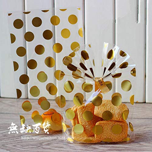100 bolsas de dulces de bolsillo plano vertical de lunares dorados-sarga dorada 13 * 21 * 4.5cm