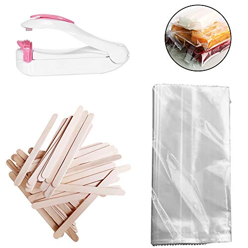 100 Piezas Bolsas de Paletas Transparentes/Palito de Helado de Madera y Mini Máquina de Sellado,Juego de Helado de Bricolaje Casero Hecho a Mano,Herramienta para Hacer Helados para Fiestas Familiares