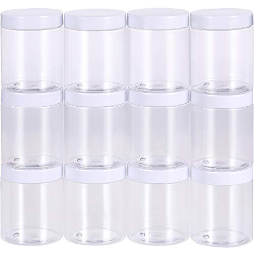 12 Pack Bote de Plástico Transparente Vacío Contenedor de Almacenamiento de Limo Envase de Boca Ancha con Tapas para Productos de Belleza, DIY Fabricación de Limo u Otros (Blanco, 10 oz)