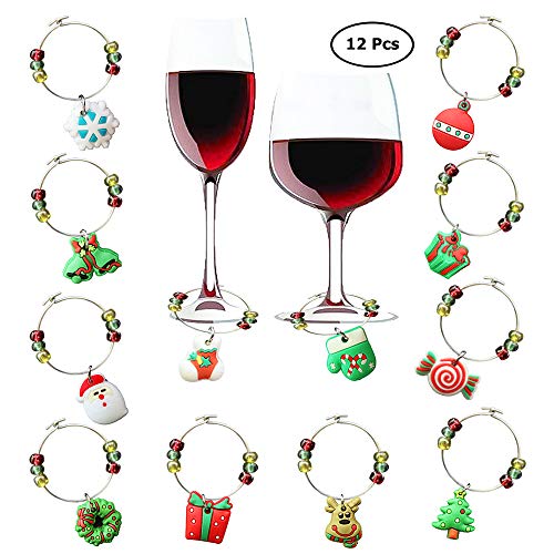 12 piezas de encantos de copa de vino, CNYMANY PVC con temática navideña Marcadores de bebidas Etiquetas para Navidad Cóctel de vino Champaña Fiesta de degustación Favores Regalos