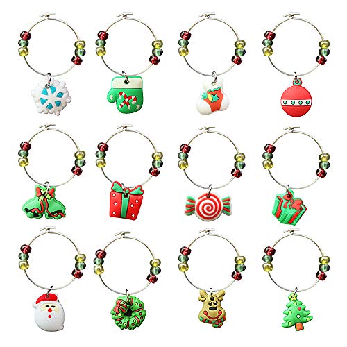 12 piezas de encantos de copa de vino, CNYMANY PVC con temática navideña Marcadores de bebidas Etiquetas para Navidad Cóctel de vino Champaña Fiesta de degustación Favores Regalos