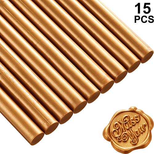 15 Palillos de Cera de Sellado de Pistola de Pegamento para Sello de Lacre Retro Vintage y Carta, para Invitaciones de Boda, Sobres de Tarjetas, Caracoles, Envoltura de Vino Regalos (Dorado Café)