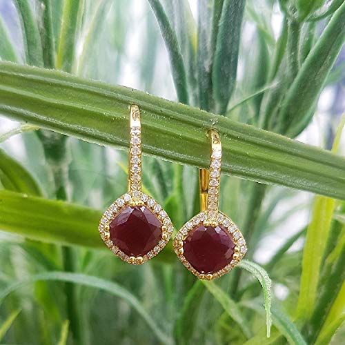 18 K amarillo oro 6 mm cada cojín Gemstone y redondo blanco diamante, de Halo estilo pendientes de aro