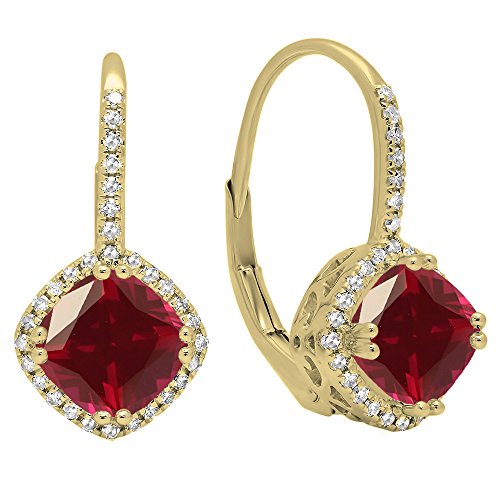 18 K amarillo oro 6 mm cada cojín Gemstone y redondo blanco diamante, de Halo estilo pendientes de aro
