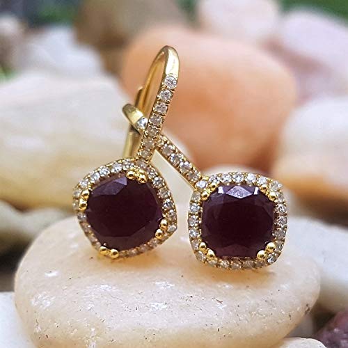 18 K amarillo oro 6 mm cada cojín Gemstone y redondo blanco diamante, de Halo estilo pendientes de aro
