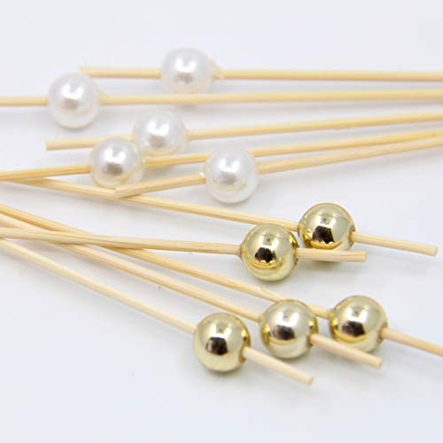 200 Palitos para Cócteles Cóctel Mezclador Bambú Frutas para Barbacoa Fiesta, Coctelería Pinchos san valentín boda fiesta (Oro, perla blanca)