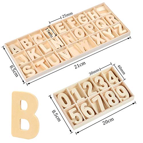 216-Pcs Juego de letras y números de madera - Números de letras mayúsculas de madera con bandeja de almacenamiento - Alfabeto de madera Letras artesanales Números de madera natural suave para manualid