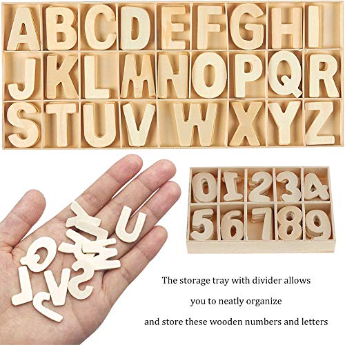 216-Pcs Juego de letras y números de madera - Números de letras mayúsculas de madera con bandeja de almacenamiento - Alfabeto de madera Letras artesanales Números de madera natural suave para manualid