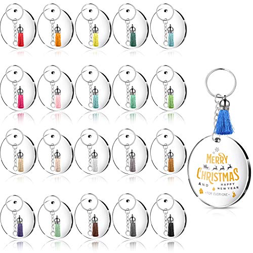 24 Piezas Discos Circulares Transparentes Acrílicos, 24 Piezas Llaveros Circulares Llavero Redondo de Acrílico en Blanco y 24 Piezas Borlas de Llavero Colgante de Tapa de Plata de Tipo de Línea
