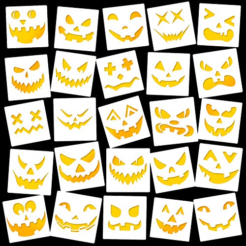 25 Piezas Plantillas Reutilizables de Cara de Dibujo Calabaza Halloween Plantillas de Plástico Tema Halloween Plantilla Pintura Decorativa Halloween para Tallado Calabaza Pintura Bricolaje