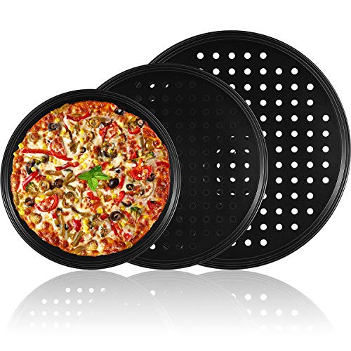 3 Bandejas de Pizza Sartén de Pizza de Acero al Carbono Bandeja de Pizza Redonda Antiadherente con Agujeros para Uso Doméstico en Hoteles y Restaurantes, 9 Pulgadas/ 11 Pulgadas/ 12,5 Pulgadas