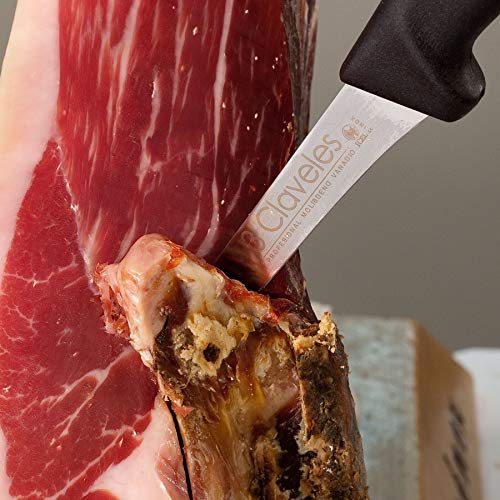 3 Claveles Set de 3 Corte de Jamón Profesional, Incluye Cuchillo Carnicero, Deshuesador y Jamonero Alveolado, Chaira y Estuche Portacuchillos, Tela, Negro, 0 cm