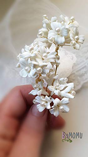 3 Horquillas FLORES blancas Pompon para el Pelo-Flores Porcelana-Tocado Novias y Damas de honor