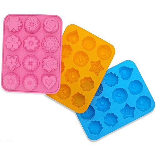 3 piezas Moldes de Pastel de Fondant de Silicona, CNYMANY Formas de flores de 12 cavidades Sartenes de cocina antiadherentes Bandejas de cubitos de hielo para hacer magdalenas de chocolate muffins