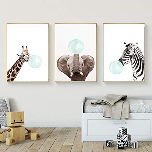 3 Pósteres Jirafa Cebra Elefante Laminas Bebe Habitacion Cuadros Infantiles para Habitacion Animales Decorativas Pared Imagen de Niños Regalo Impresiones de Lienzo PTANB002-M