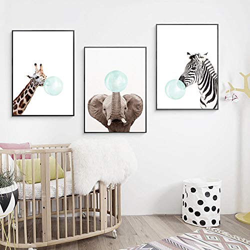 3 Pósteres Jirafa Cebra Elefante Laminas Bebe Habitacion Cuadros Infantiles para Habitacion Animales Decorativas Pared Imagen de Niños Regalo Impresiones de Lienzo PTANB002-M
