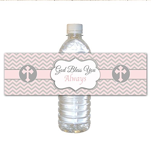 30 etiquetas para botellas de agua, impermeables, diseño de chevron, color rosa, para bautizo, bautizo, religioso