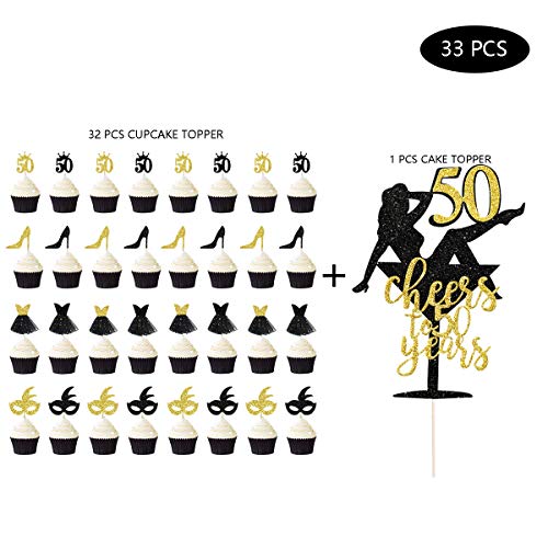 33 piezas negro purpurina oro Cheers to 50 años Topper para tarta 50th Birthday Cake Decorations Cupcake Topper Kit para mujer 50° aniversario celebración de la boda decoración para fiestas ideas