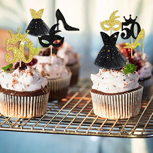 33 piezas negro purpurina oro Cheers to 50 años Topper para tarta 50th Birthday Cake Decorations Cupcake Topper Kit para mujer 50° aniversario celebración de la boda decoración para fiestas ideas