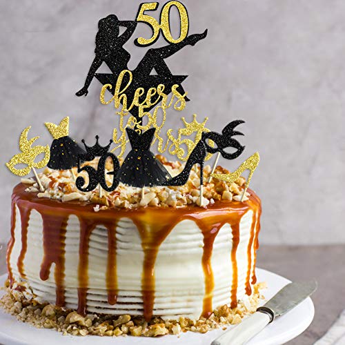 33 piezas negro purpurina oro Cheers to 50 años Topper para tarta 50th Birthday Cake Decorations Cupcake Topper Kit para mujer 50° aniversario celebración de la boda decoración para fiestas ideas