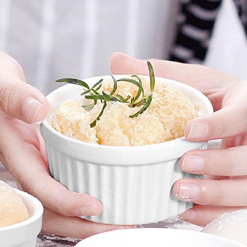 4 Piezas de 3,5 Pulgadas de cerámica Ramekins Souffle Copas para Hornear Creme brulée natillas Platos de Postre Blanco