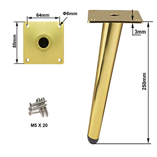 4 piezas Patas de mesa oblicuas, Patas de armario de metal, Patas de muebles de cono, 201 acero inoxidable, Dorado, 25 cm de altura, Base silenciosa antideslizante para sofás, mesas y otros muebles