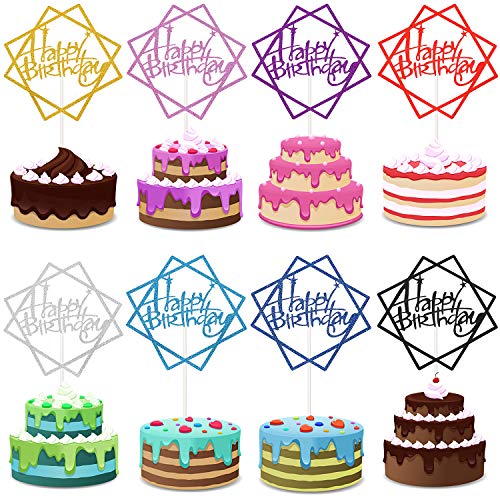 40 Piezas Adorno de Pastel Happy Birthday Selecciones de Magdalena de Cumpleaños para Decoración de Pastel de Fiesta de Cumpleaños, 8 Colores (Forma Geometrica)