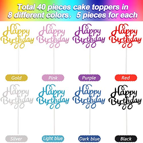 40 Piezas Adorno de Pastel Happy Birthday Selecciones de Magdalena de Cumpleaños para Decoración de Pastel de Fiesta de Cumpleaños, 8 Colores (Letras Rizadas)