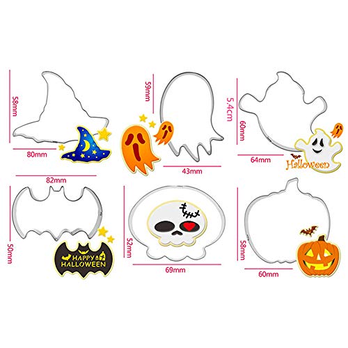 6 moldes para galletas de Halloween de acero inoxidable con calavera, sombrero de bruja, murciélago, fantasma, forma de calabaza para decoración de galletas de Halloween