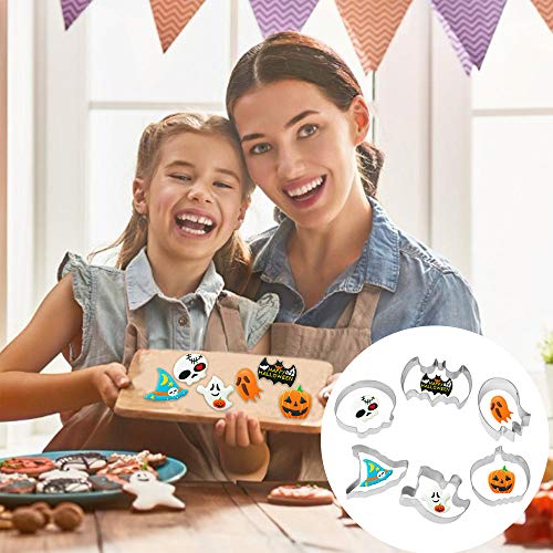 6 moldes para galletas de Halloween de acero inoxidable con calavera, sombrero de bruja, murciélago, fantasma, forma de calabaza para decoración de galletas de Halloween