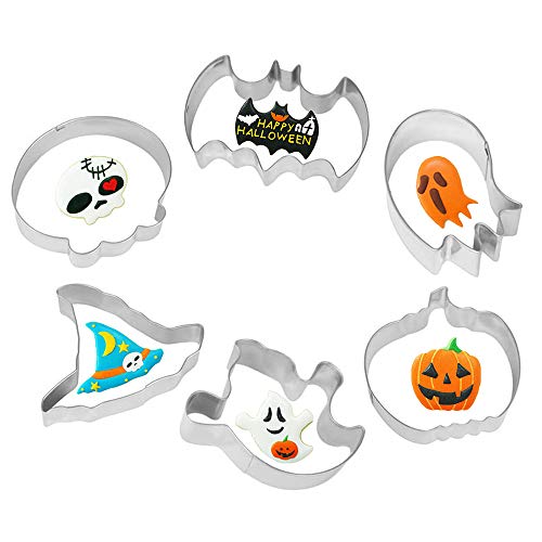6 moldes para galletas de Halloween de acero inoxidable con calavera, sombrero de bruja, murciélago, fantasma, forma de calabaza para decoración de galletas de Halloween