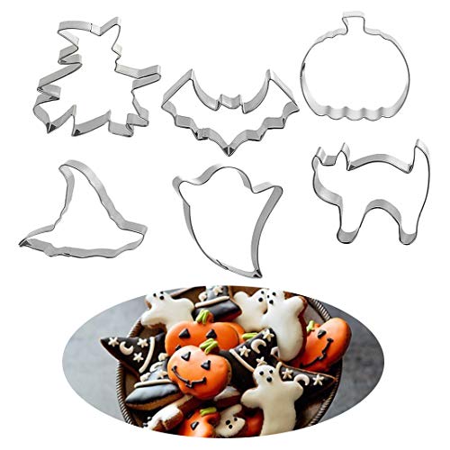 6 Piezas Cortadores Galletas de Halloween Set Acero Inoxidable Moldes para Galletas Herramientas para Hornear Bricolaje -Calabaza Gato Fantasma Brujas Sombrero Murciélagos (6pcs)