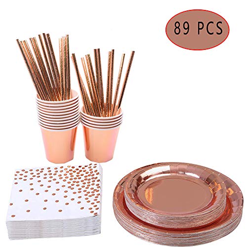 89 Piezas Vajilla Fiesta Oro Rosa, Cubiertos Desechables Oro Rosa, Servilletas Y Pajitas Plato Papel Dorado Dorado para Fiestas, Bodas, Aniversarios, Cumpleaños (16 Invitados)