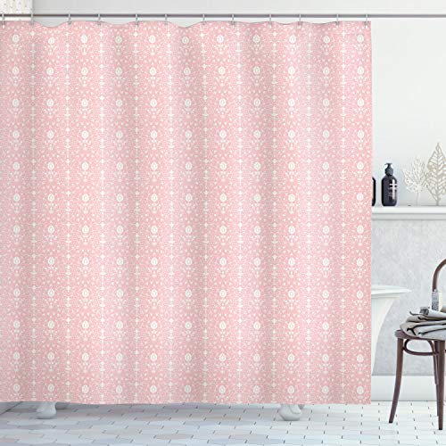 ABAKUHAUS Flores Cortina de Baño, Patrón de Damasco Diseño con Flores Ilustración Vintage Retro Estampa, Material Resistente al Agua Durable Estampa Digital, 175 x 200 cm, Rosa Claro