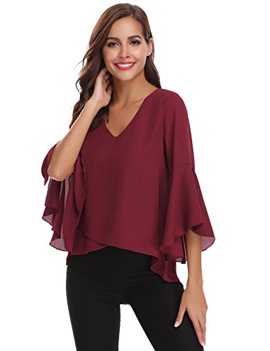 Abollria Camisa para Mujer 3/4 Mangas Elegante Blusa de Gasa Ligera Camisetas de Chiffon Cuello V Top Mangas Acampanadas Primavera Verano Otoño, Vino Rojo, S