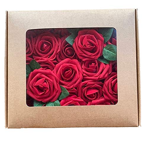 ACDE 25 Piezas Rosas Artificiales, Flores Artificiales Rosa Espuma con Hoja y Vástago Ajustable para Bricolaje Ramos de Boda Decoraciones para el Hogar Nupciales (Rojo Oscuro)