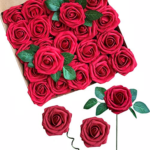 ACDE 25 Piezas Rosas Artificiales, Flores Artificiales Rosa Espuma con Hoja y Vástago Ajustable para Bricolaje Ramos de Boda Decoraciones para el Hogar Nupciales (Rojo Oscuro)
