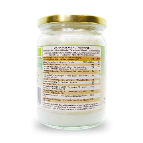 Aceite de Coco Ecológico Extra Virgen 500 ml. Crudo y prensado en frío. 100% Orgánico, Puro y Natural. Aceite bio nativo no refinado. País de origen Sri Lanka. NaturaleBio