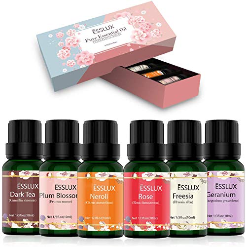 Aceites Esenciales Naturales, ESSLUX Flores Aceites Esenciales Para Humidificador Difusor Top 6 Set 100% Natural Puro(Neroli, Geranio, Rosa, Fresia, Té oscuro, Flor de ciruela)