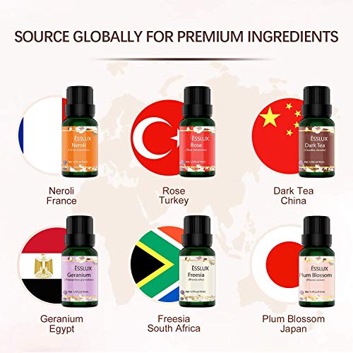 Aceites Esenciales Naturales, ESSLUX Flores Aceites Esenciales Para Humidificador Difusor Top 6 Set 100% Natural Puro(Neroli, Geranio, Rosa, Fresia, Té oscuro, Flor de ciruela)