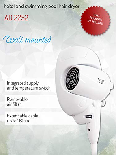 adler AD2252 Secador de Pelo Industrial para Hoteles y Piscinas, 1600W, Apagado automático, Montaje en Pared, 1600 W, Polímero, Blanco