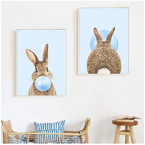 AdoDecor Lienzo Arte de la Pared Pintura Conejo Chicle Póster Impresiones Pinturas de guardería Azul Imagen Bebé Animales Niños Dormitorio Decoración para el hogar 50x70cmx2 Sin Marco