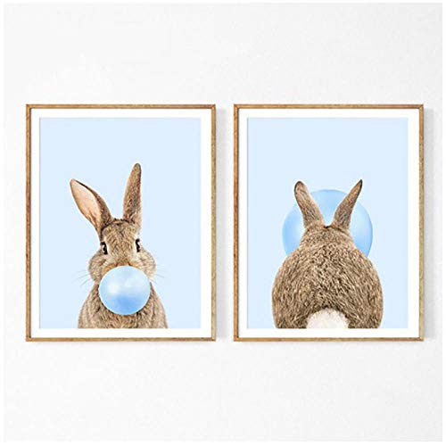 AdoDecor Lienzo Arte de la Pared Pintura Conejo Chicle Póster Impresiones Pinturas de guardería Azul Imagen Bebé Animales Niños Dormitorio Decoración para el hogar 50x70cmx2 Sin Marco