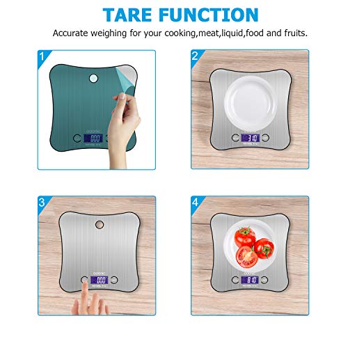 ADORIC Báscula de Cocina de Acero Inoxidable, 5kg / 11 lbs, Balanza de Alimentos Multifuncional,báscula de baño Peso de Cocina, Color Plata (Baterías Incluidas)