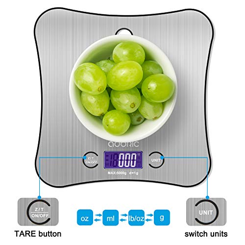 ADORIC Báscula de Cocina de Acero Inoxidable, 5kg / 11 lbs, Balanza de Alimentos Multifuncional,báscula de baño Peso de Cocina, Color Plata (Baterías Incluidas)