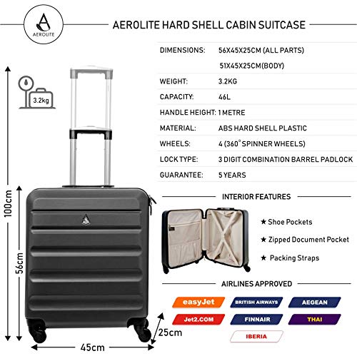 Aerolite - Maleta de Cabina con 4 Ruedas, Ligera, rígida (46 litros, 56 x 45 x 25 cm), para Easyjet, British Airways, Jet2