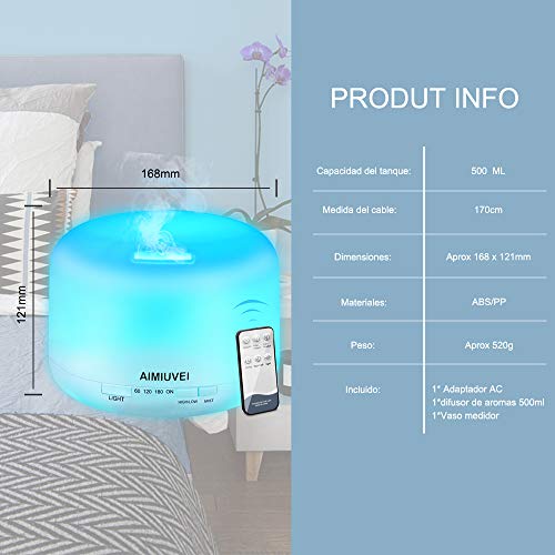 AIMIUVEI 500ml Humidificador Aromaterapia Ultrasonico con Mando a Distancia, Difusor de Aceites Esenciales Aromaterapia Ultra Silencioso, Purificador de Aire y 7 Luces LED Humidificador para Bebes etc