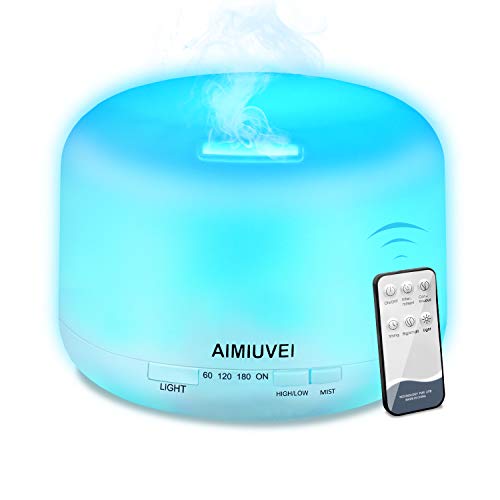 AIMIUVEI 500ml Humidificador Aromaterapia Ultrasonico con Mando a Distancia, Difusor de Aceites Esenciales Aromaterapia Ultra Silencioso, Purificador de Aire y 7 Luces LED Humidificador para Bebes etc