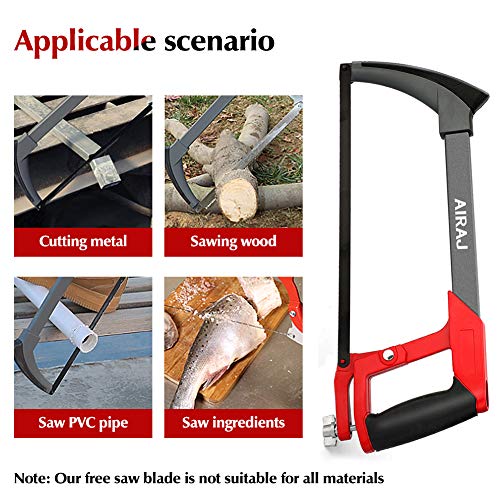 AIRAJ - Sierra para metales multiusos con 10 hojas de sierra de acero, marco ajustable, sierra de mano con hoja intercambiable, sierra de arco para cortar acero de madera, tubo de PVC, carne congelada